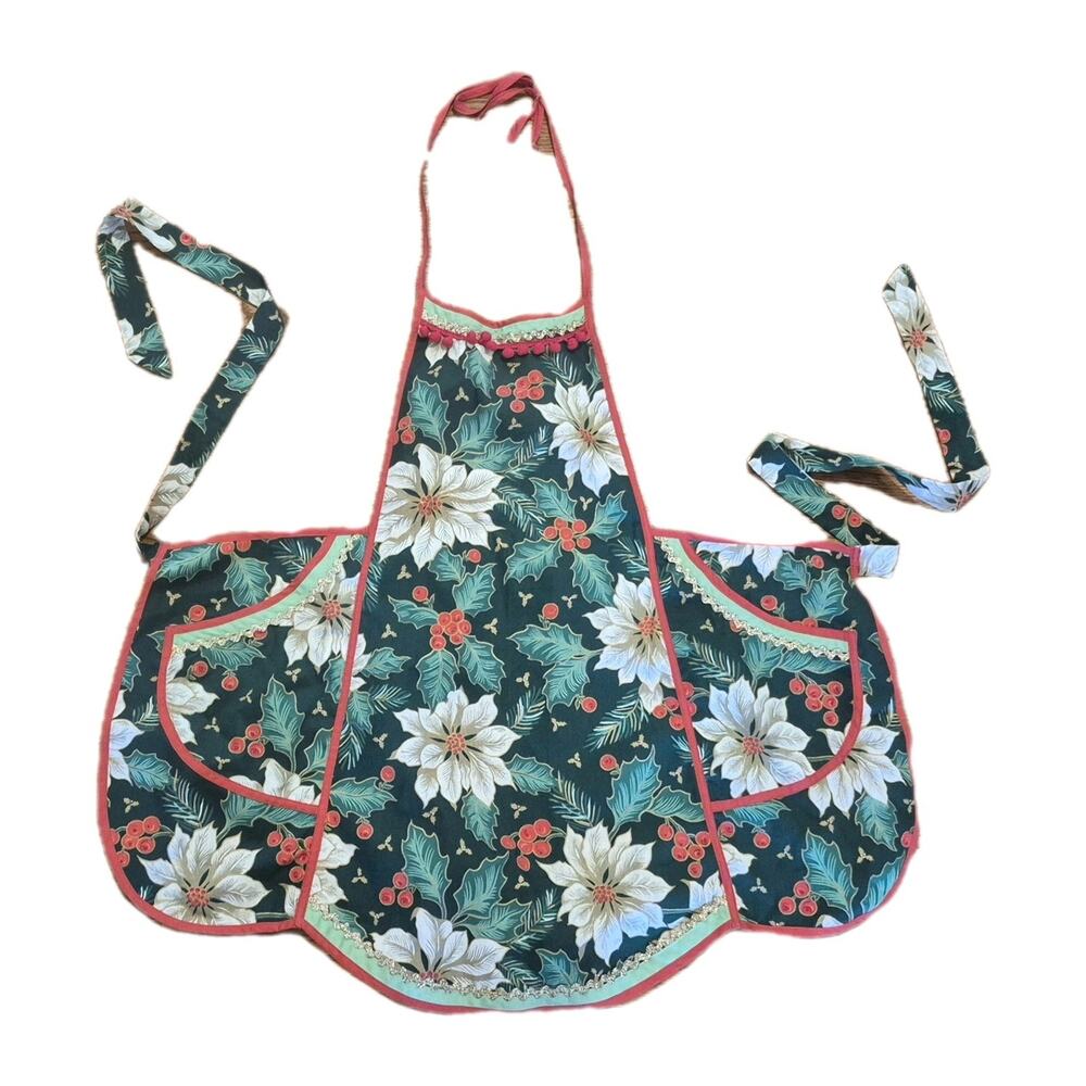 Vintage Handcrafted Christmas Apron Poinsettias Holly Red Trim Gold Braid